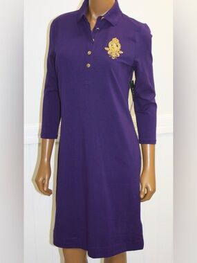 Lauren Ralph Lauren Purple 3/4-Sleeve Polo Dress with Gold Crest
